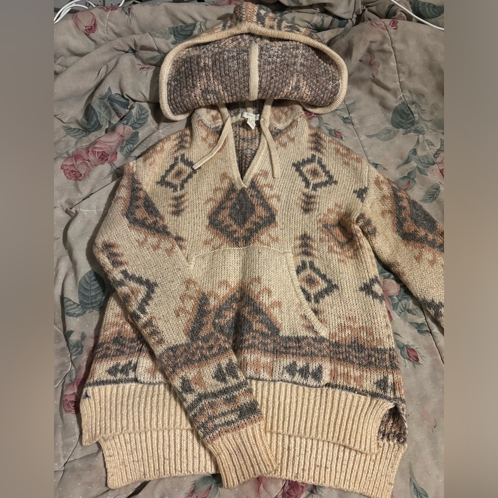 Forever 21 Cream Aztec Hooded Knit Sweater with Brown & Gray Accents